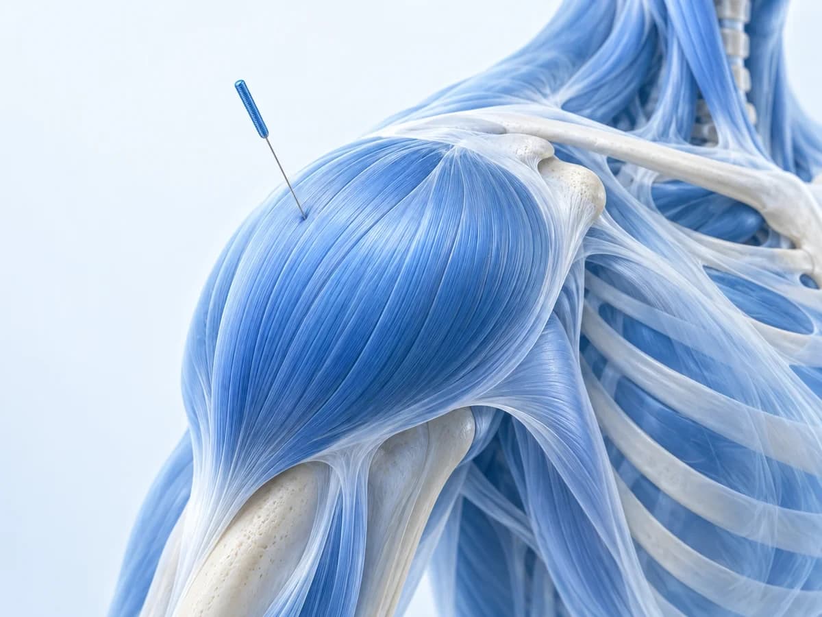 Illustration of a fine dry needling needle and muscle tissue
