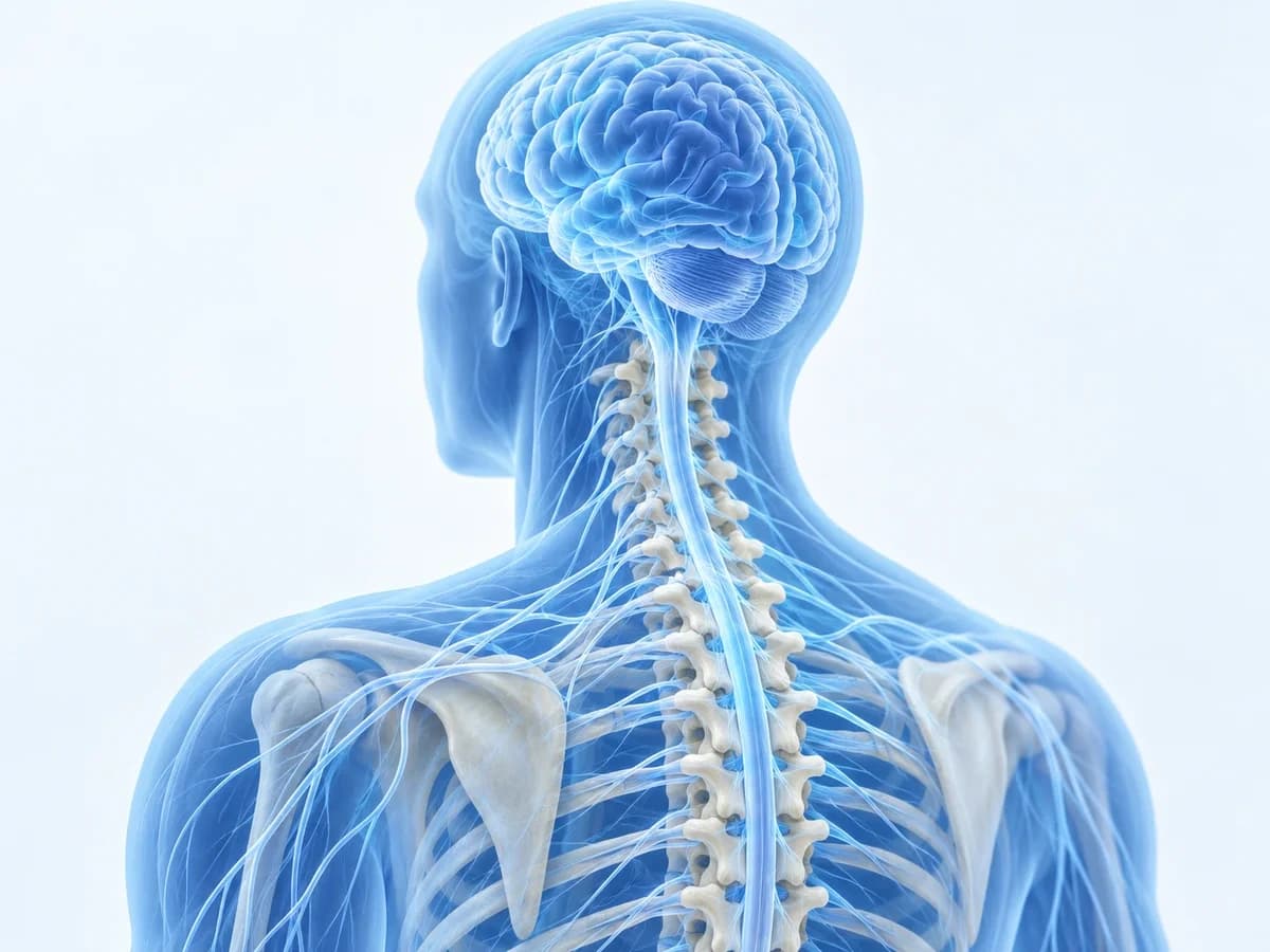 Anatomical illustration of the brain, spinal cord and nerve pathways