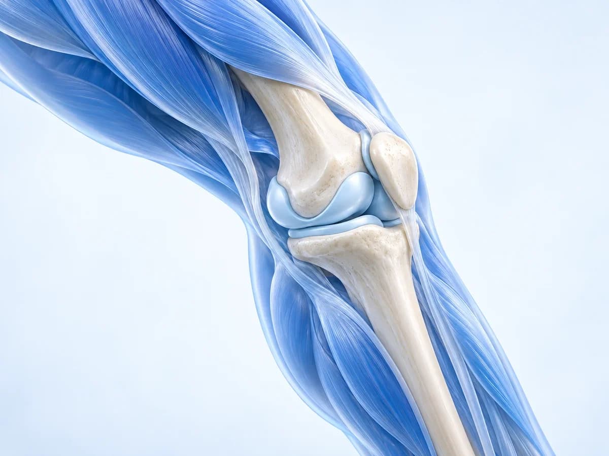 Anatomical illustration of a bent knee and surrounding leg muscles