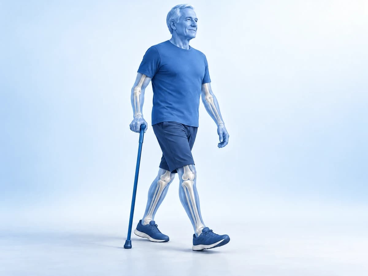 Blue anatomical illustration of an older adult walking with a cane for support