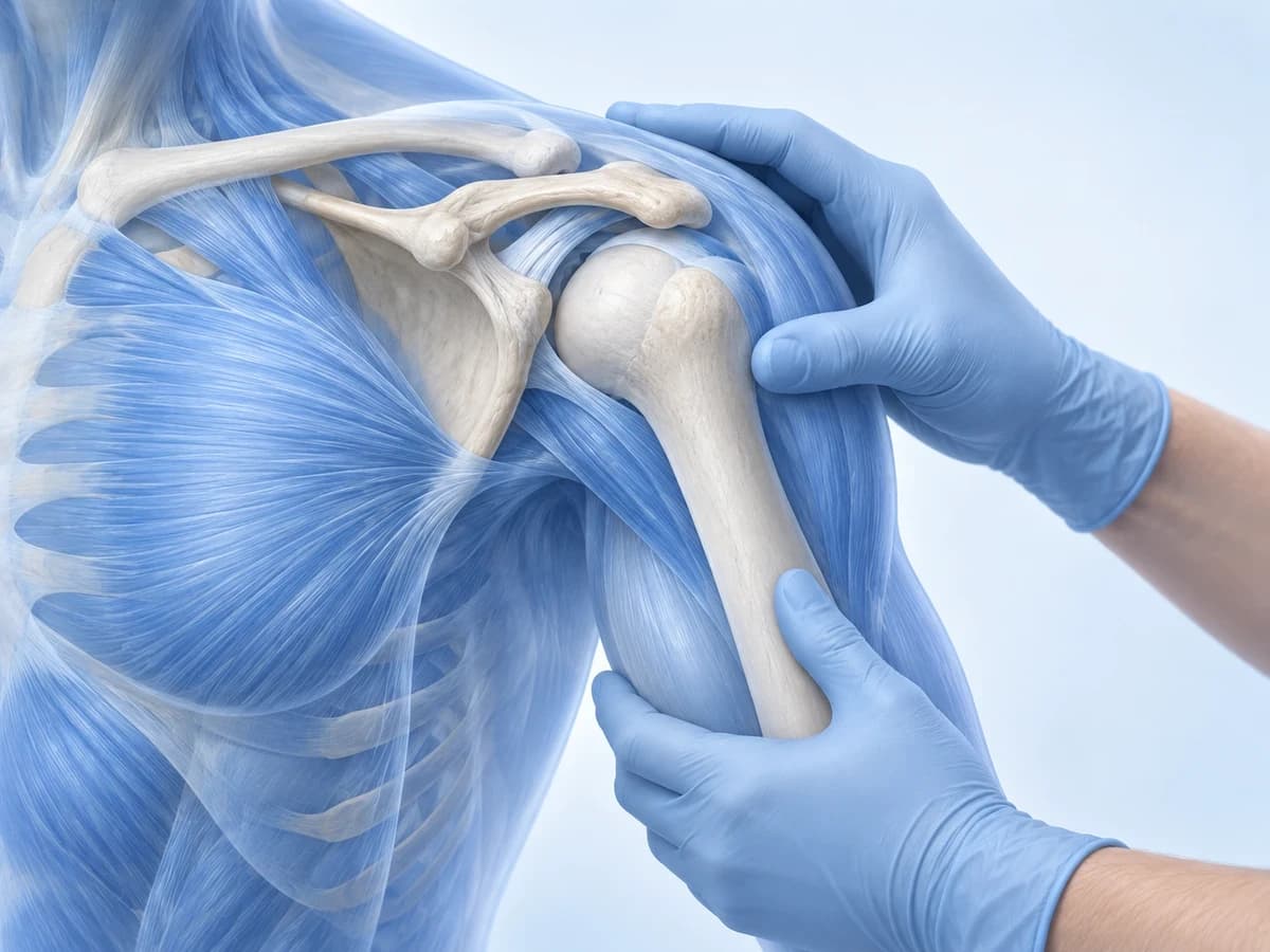 Anatomical illustration of a shoulder joint supported by two gloved hands during manual therapy